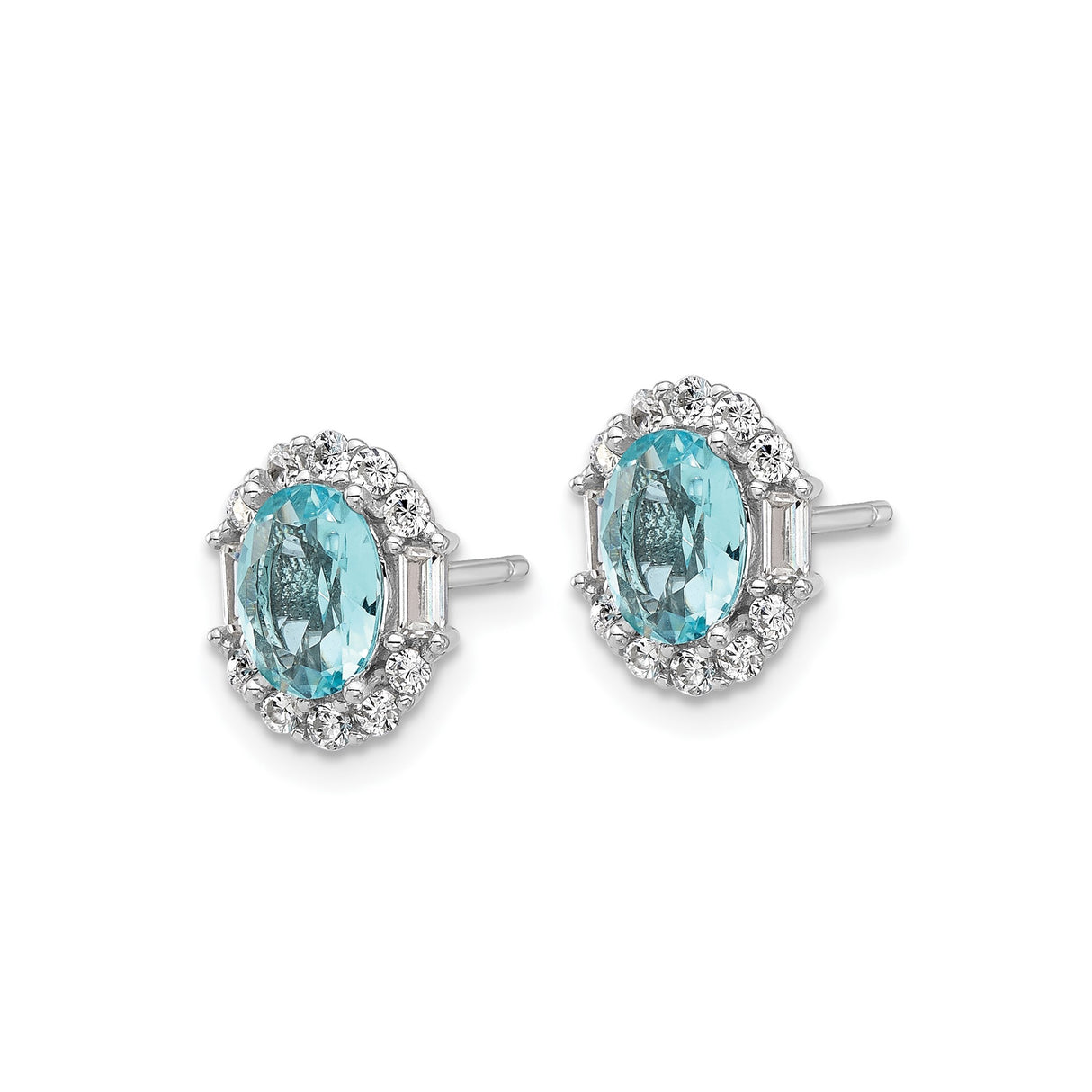 Sterling Silver Stud Earrings with Oval Cut Cubic Zirconia and Halo of Round and Baguette Crystals
