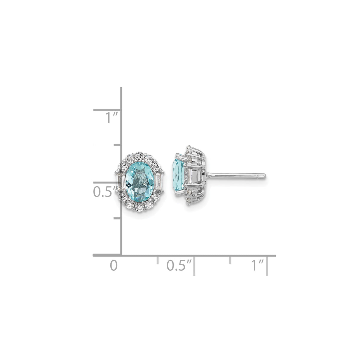 Sterling Silver Stud Earrings with Oval Cut Cubic Zirconia and Halo of Round and Baguette Crystals