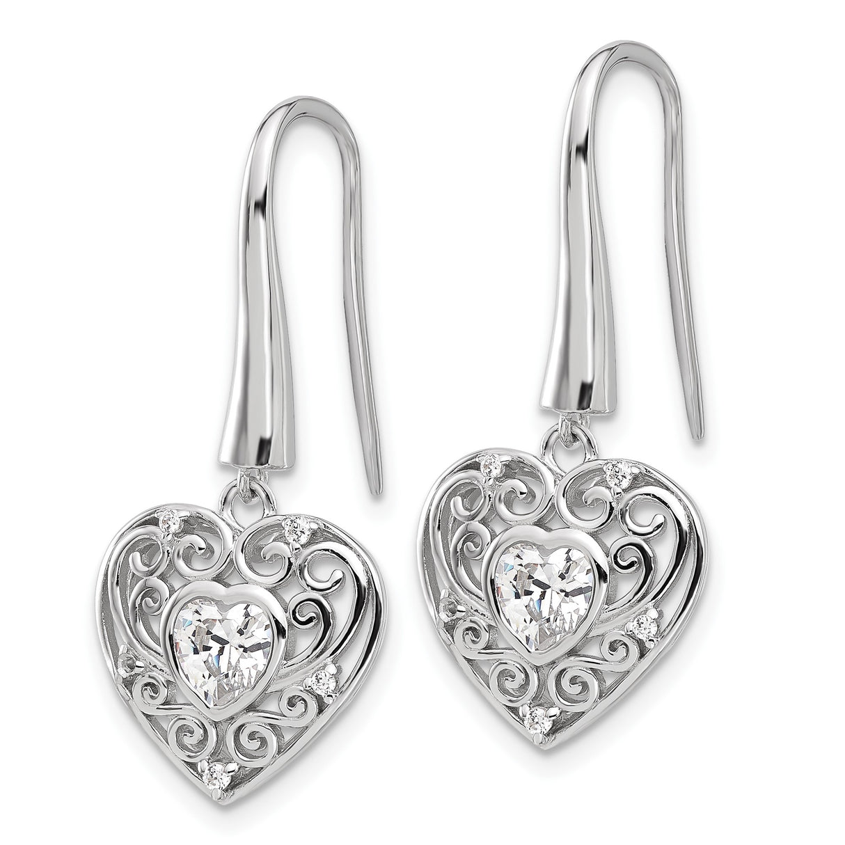 Sterling Silver Heart Drop Earrings with Cubic Zirconia and Filigree Swirl Design