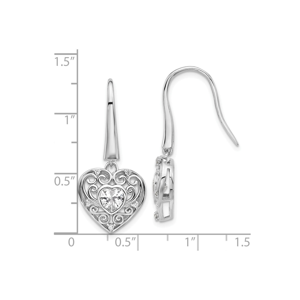 Sterling Silver Heart Drop Earrings with Cubic Zirconia and Filigree Swirl Design