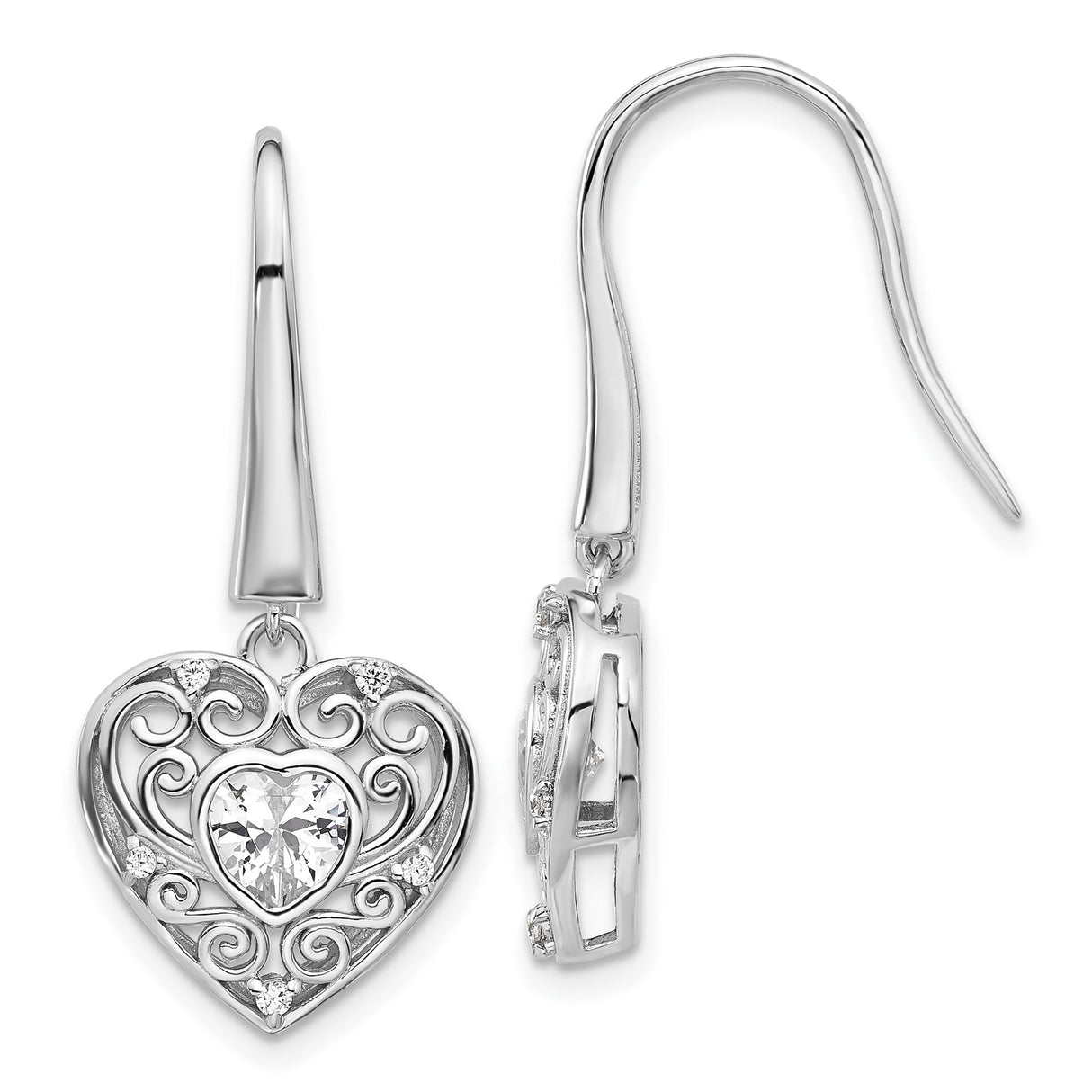 Sterling Silver Heart Drop Earrings with Cubic Zirconia and Filigree Swirl Design