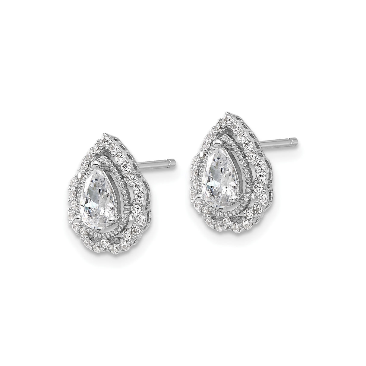 Sterling Silver Teardrop Stud Earrings with Cubic Zirconia and Double Halo Design
