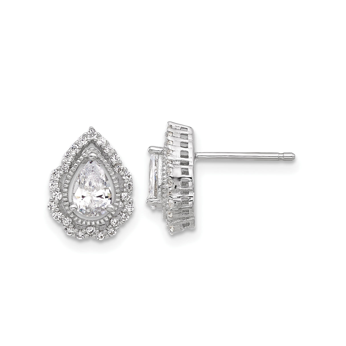 Sterling Silver Teardrop Stud Earrings with Cubic Zirconia and Double Halo Design