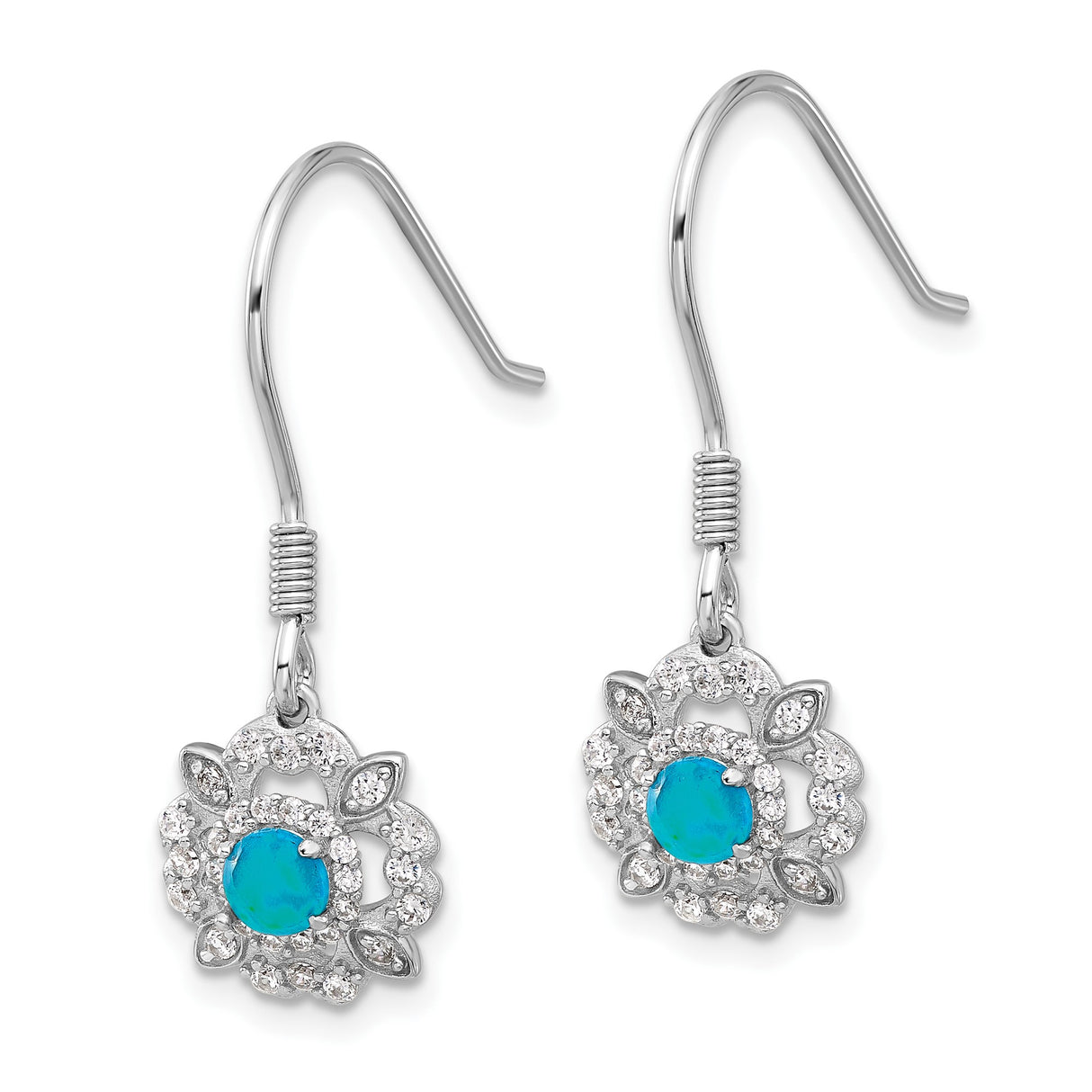 Sterling Silver Drop Earrings with Created Opal and Cubic Zirconia, Floral Petal Design