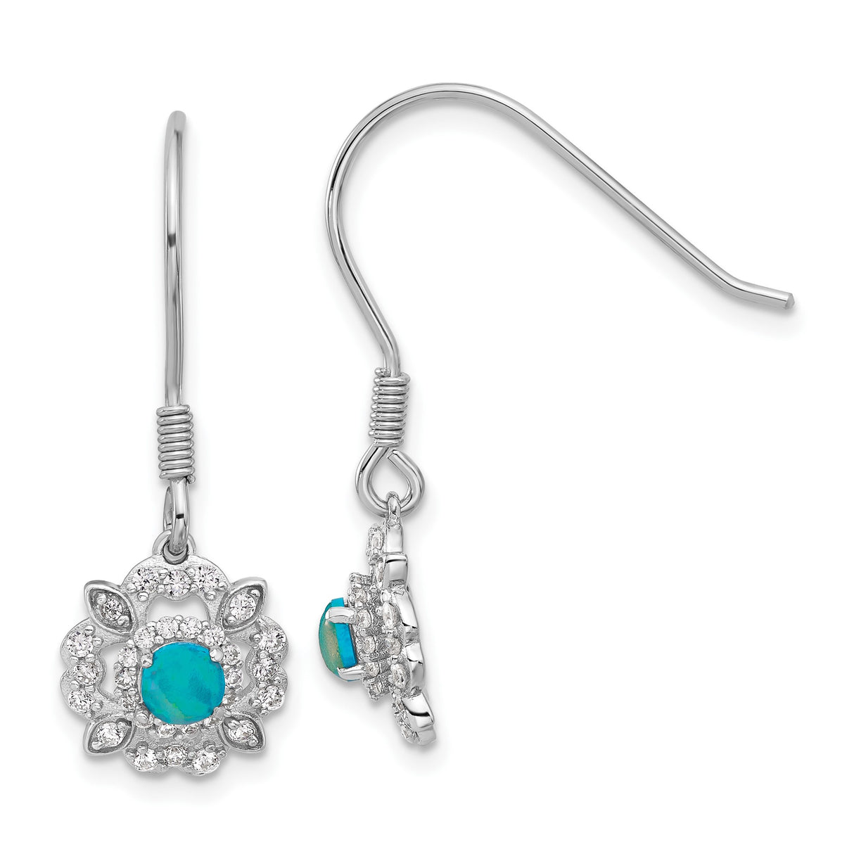 Sterling Silver Drop Earrings with Created Opal and Cubic Zirconia, Floral Petal Design