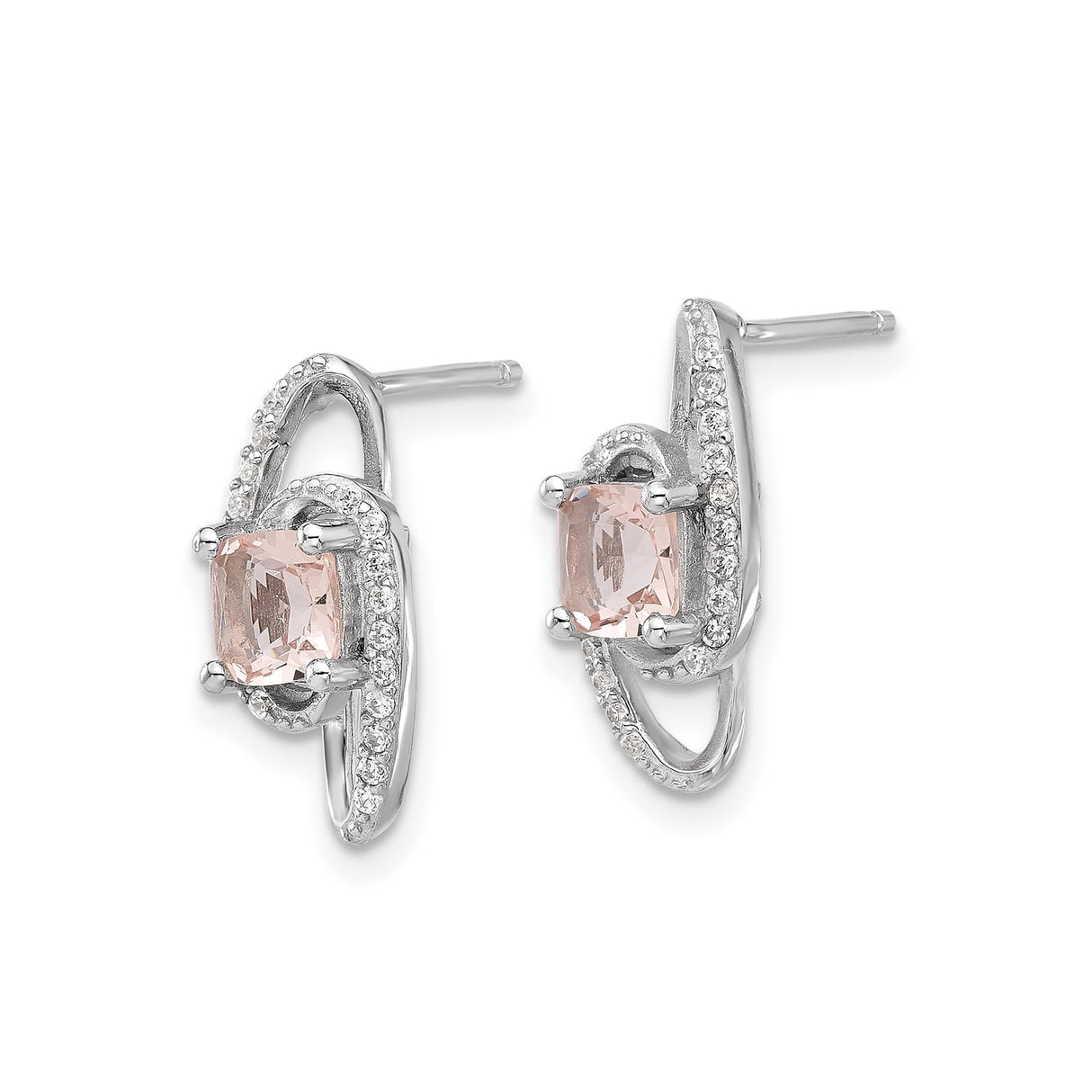 Sterling Silver Halo Stud Earrings with Light Pink Gemstones and Cubic Zirconia Oval Design