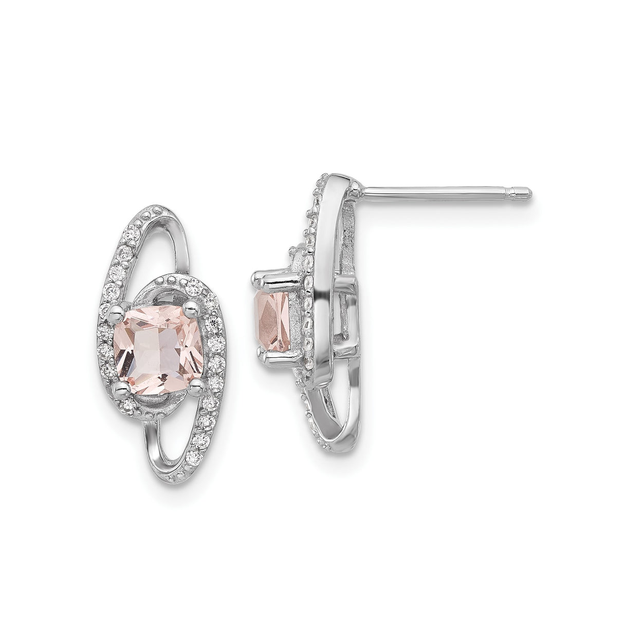 Sterling Silver Halo Stud Earrings with Light Pink Gemstones and Cubic Zirconia Oval Design