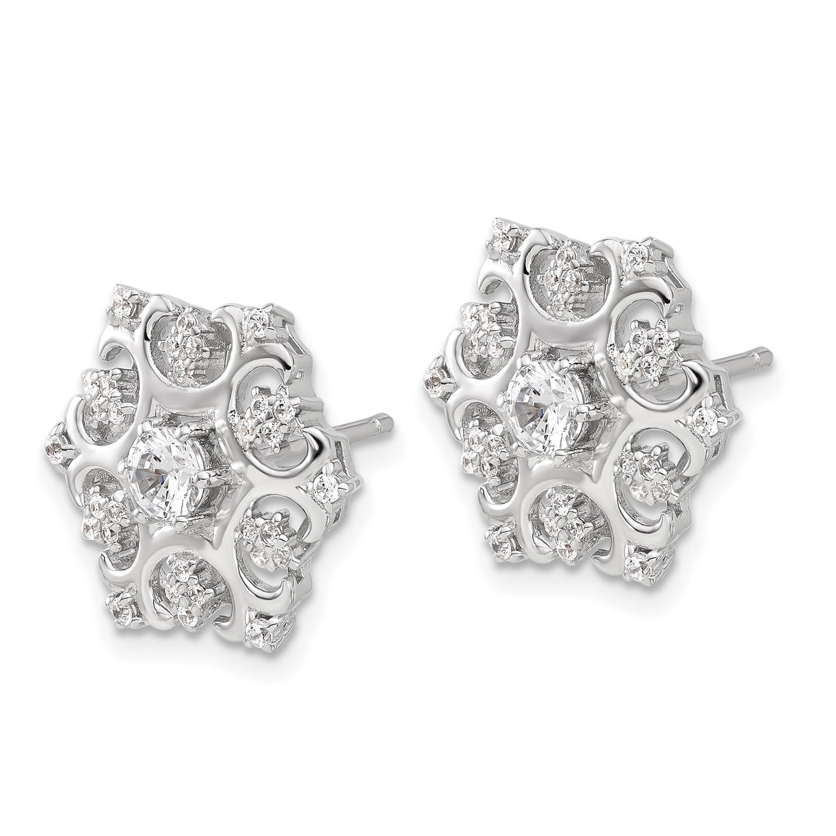 Sterling Silver Floral Stud Earrings with Cubic Zirconia, Filigree Snowflake Design, Vintage-Inspired