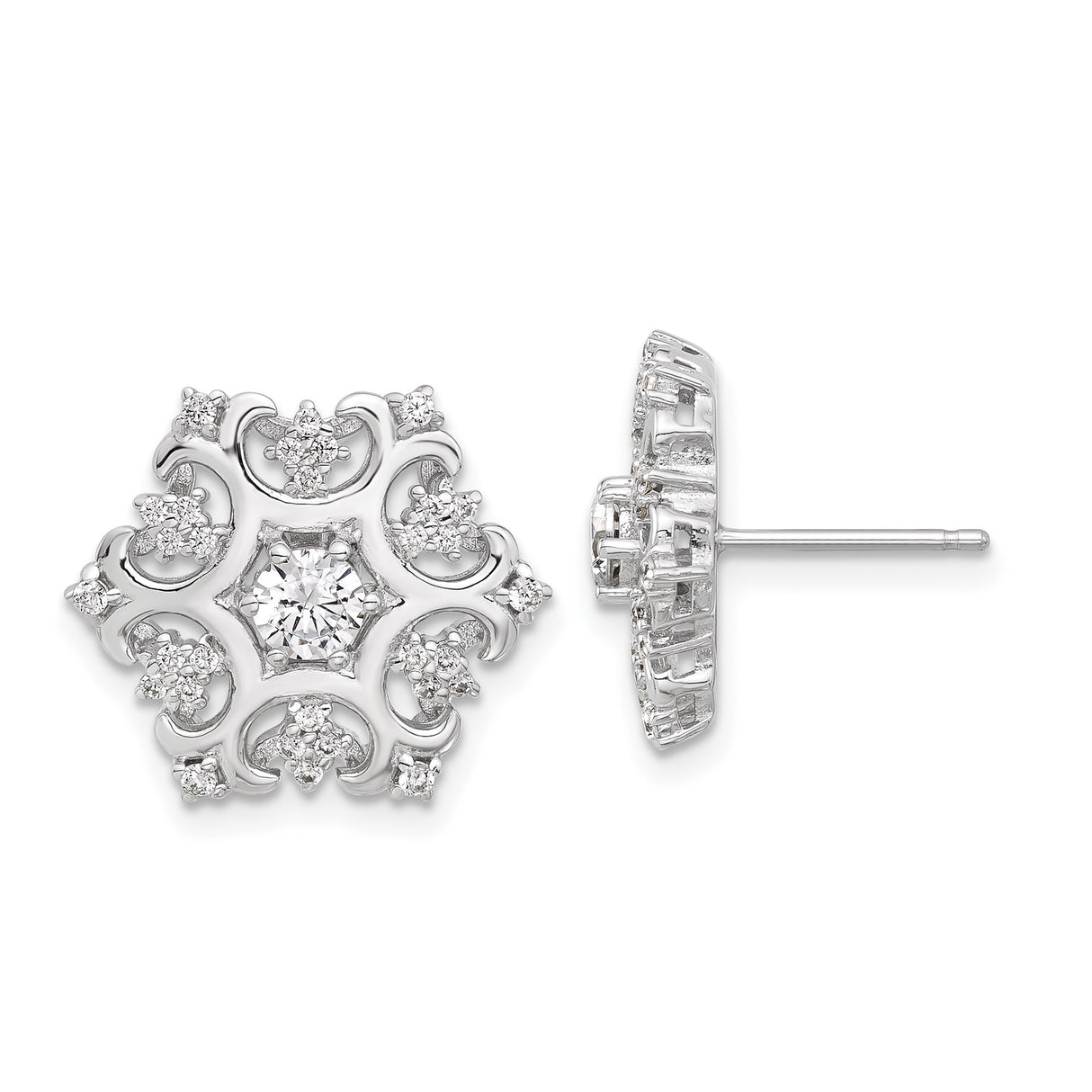 Sterling Silver Floral Stud Earrings with Cubic Zirconia, Filigree Snowflake Design, Vintage-Inspired