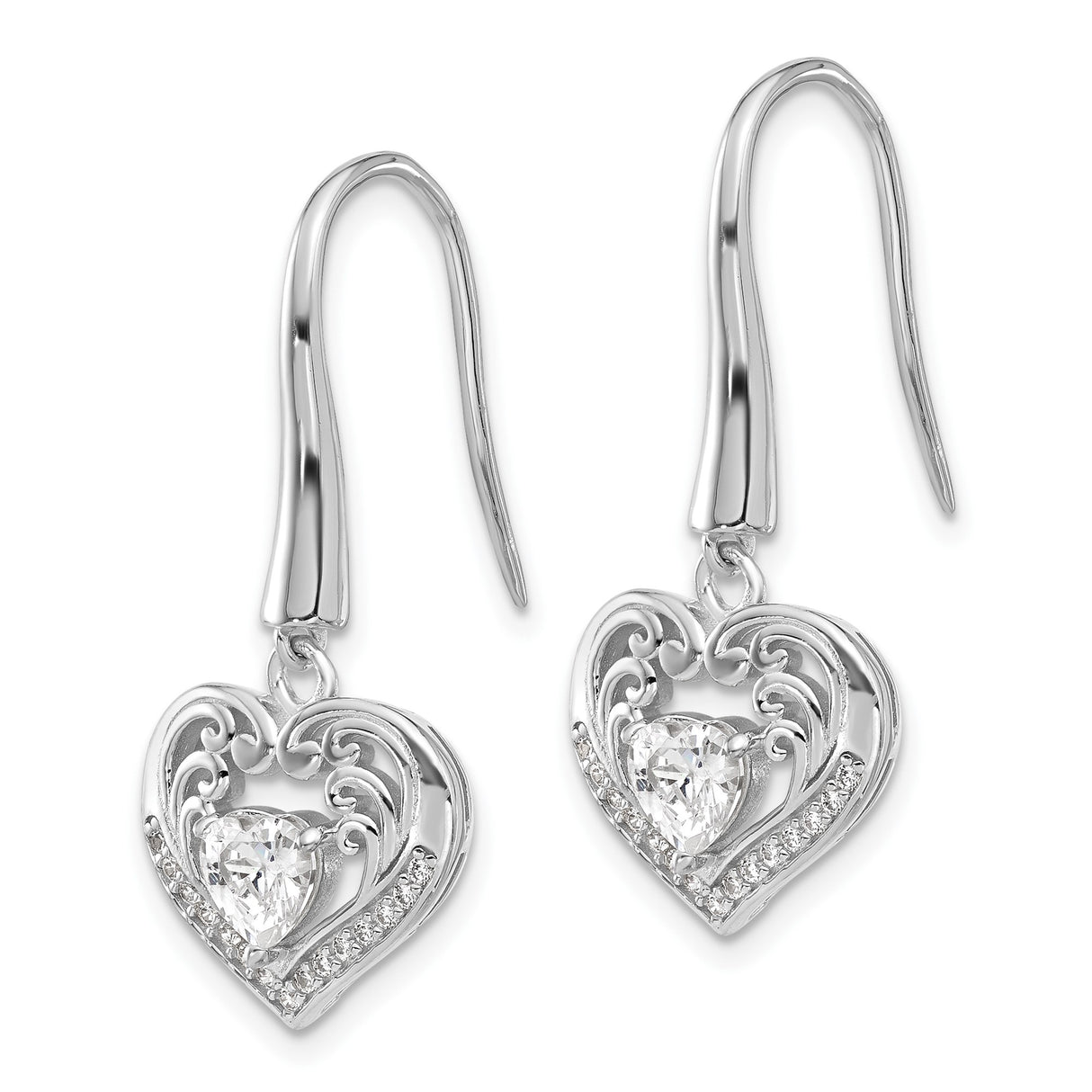 Sterling Silver Heart Drop Earrings with Cubic Zirconia, Scroll Design and Pave Accents