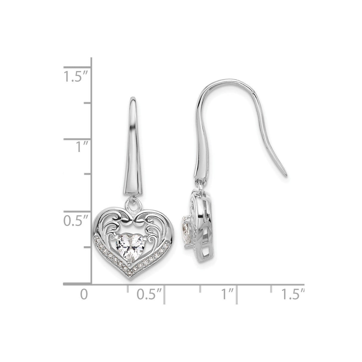 Sterling Silver Heart Drop Earrings with Cubic Zirconia, Scroll Design and Pave Accents