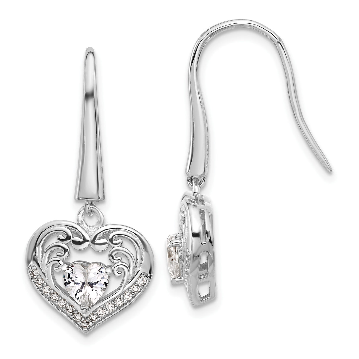 Sterling Silver Heart Drop Earrings with Cubic Zirconia, Scroll Design and Pave Accents