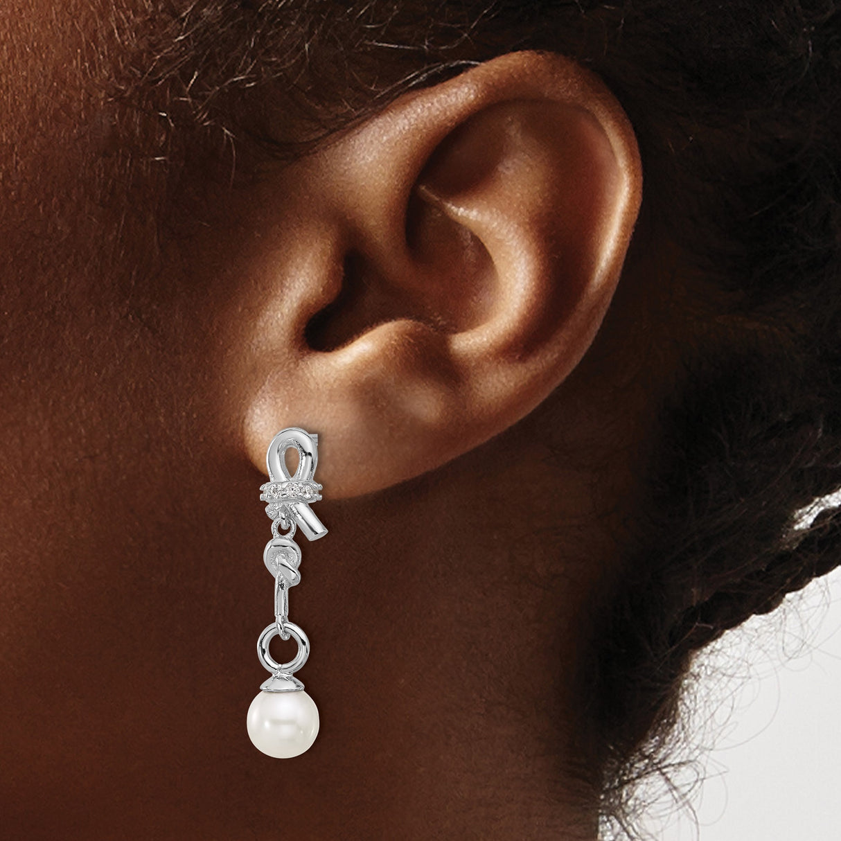 Sterling Silver Dangle Earrings with Cultured Pearl Drops and Cubic Zirconia Accents