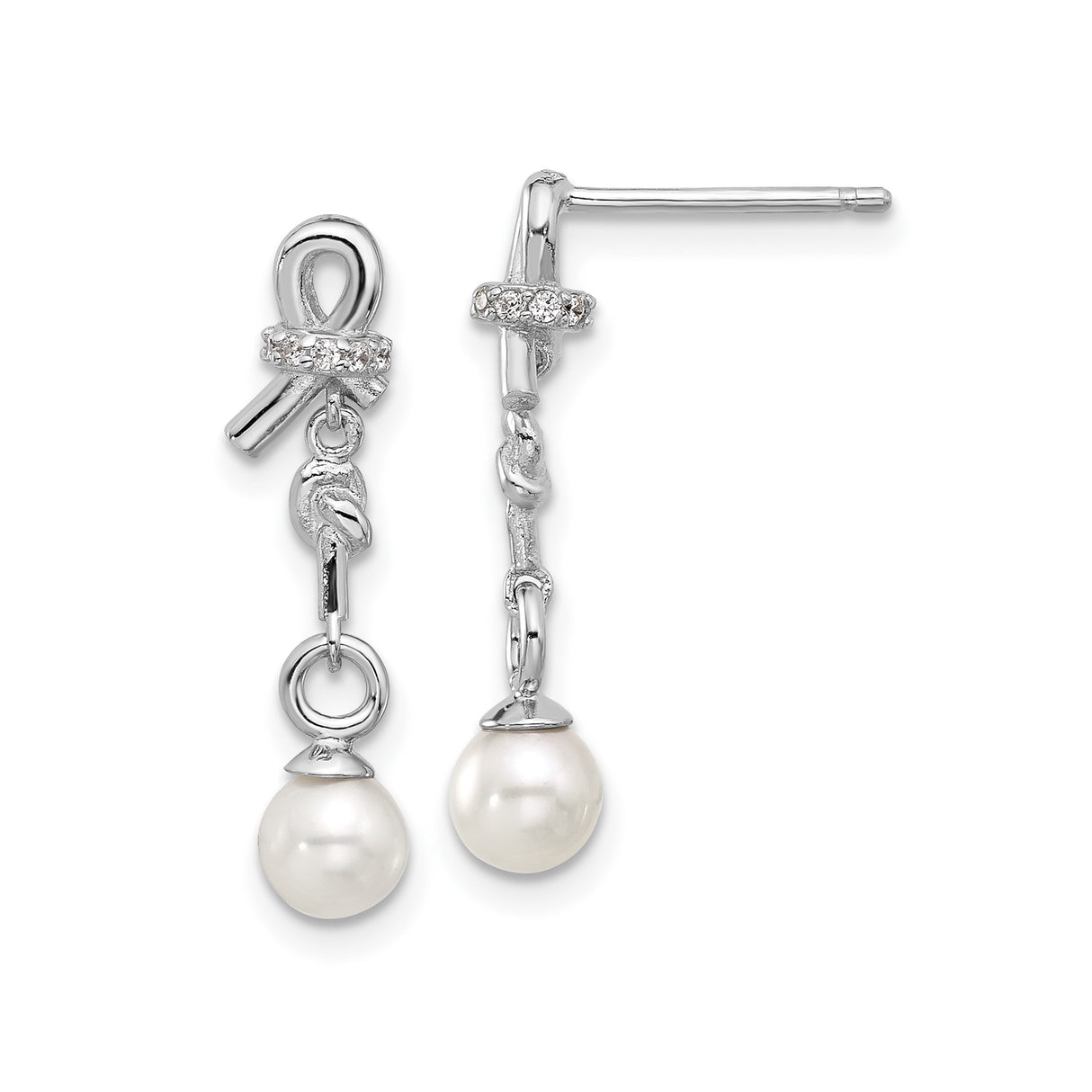Sterling Silver Dangle Earrings with Cultured Pearl Drops and Cubic Zirconia Accents