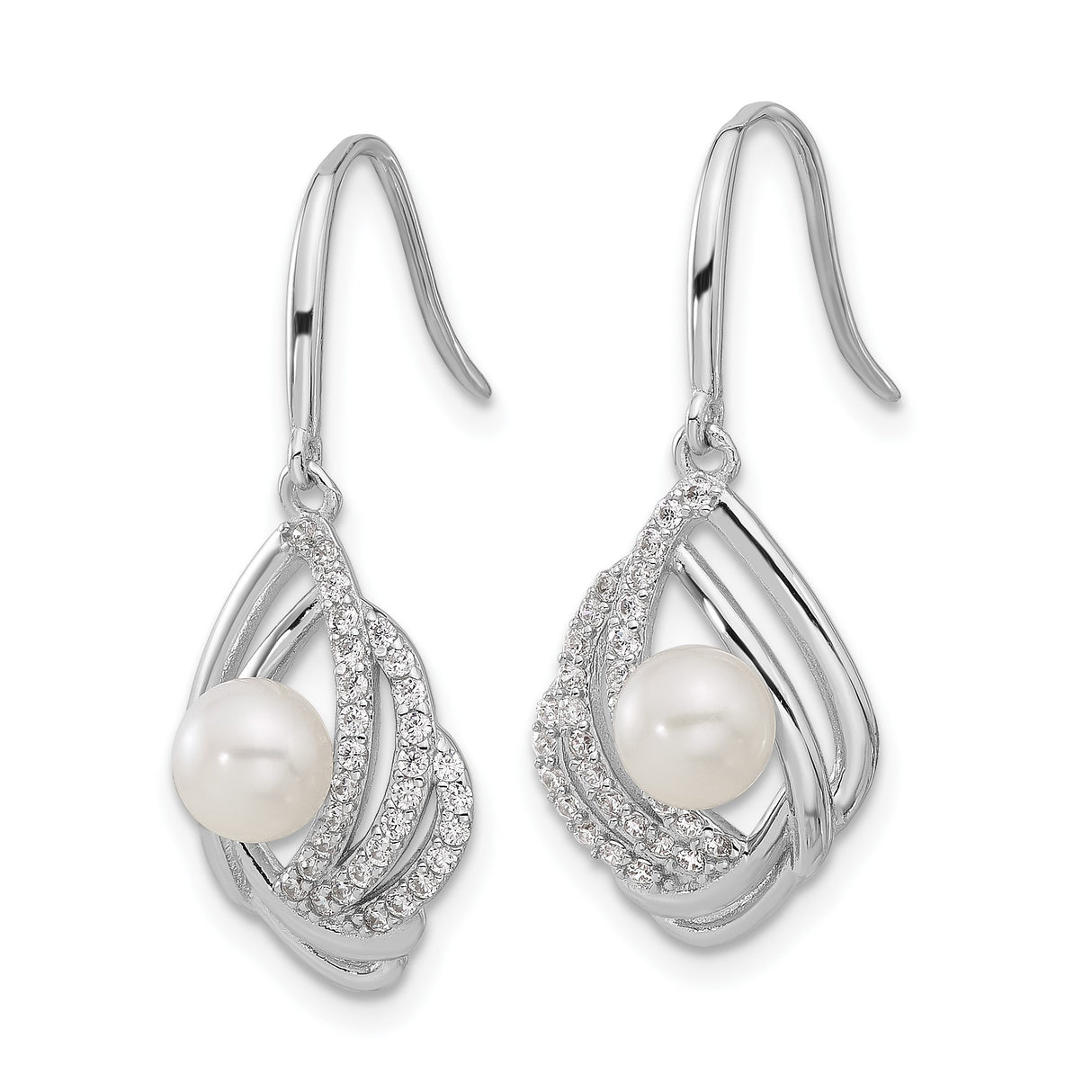 Sterling Silver Drop Earrings with White Pearl, Swirl Design and Cubic Zirconia Accents