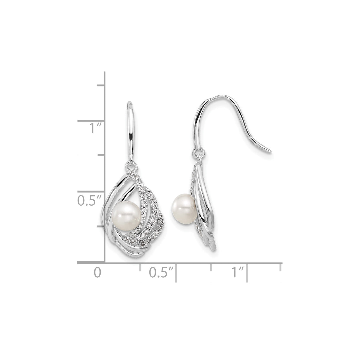 Sterling Silver Drop Earrings with White Pearl, Swirl Design and Cubic Zirconia Accents