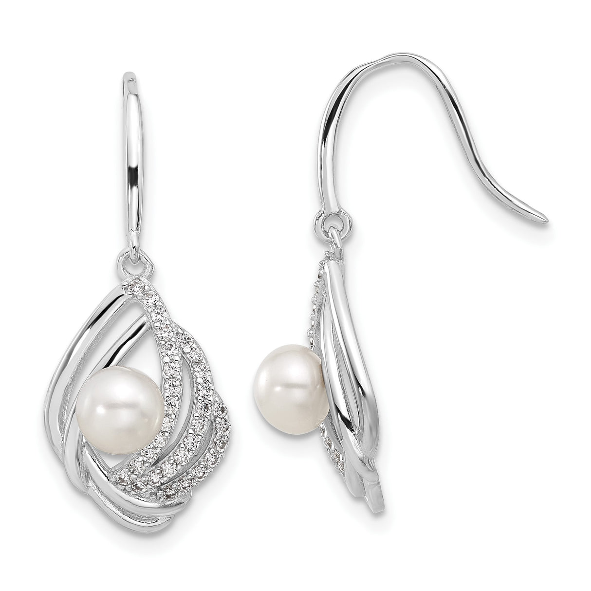 Sterling Silver Drop Earrings with White Pearl, Swirl Design and Cubic Zirconia Accents