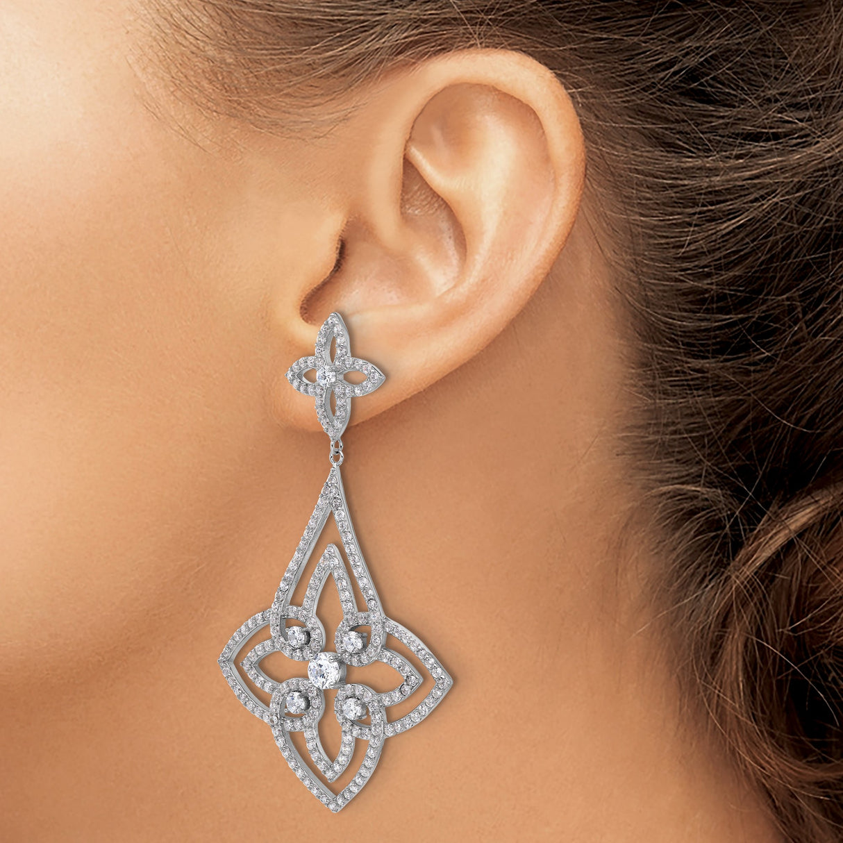 Sterling Silver Dangle Earrings with Cubic Zirconia, Floral Filigree Quatrefoil Design for Women