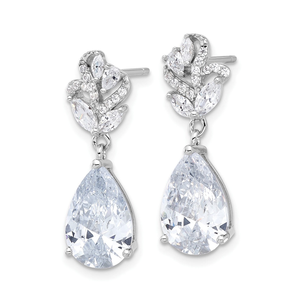 Sterling Silver Dangle Earrings with Marquise and Round Cubic Zirconia, Leaf Design, Teardrop Drop