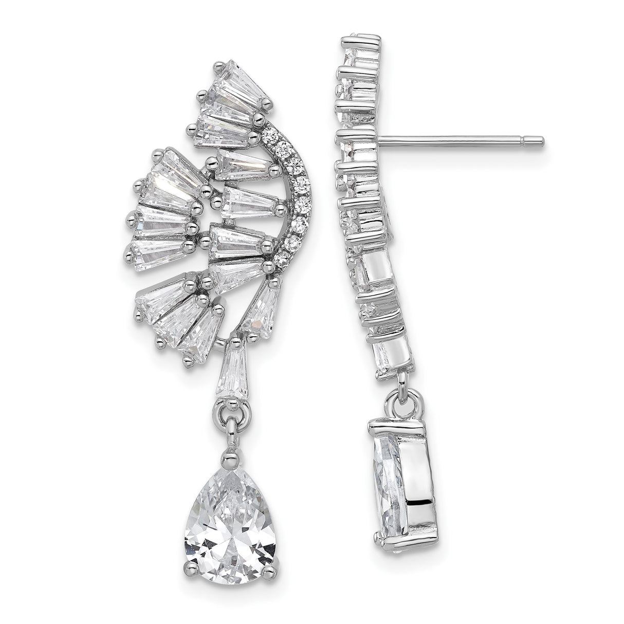 Sterling Silver Drop Earrings with Cubic Zirconia, Asymmetrical Fan and Pear-Shaped Dangles