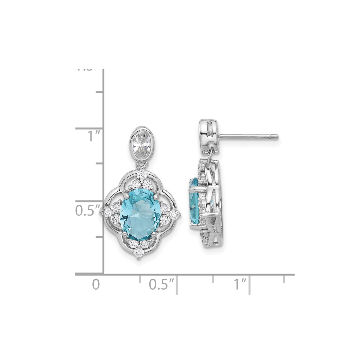 Sterling Silver Dangle Earrings with Oval Cut Glass and Cubic Zirconia Floral Design