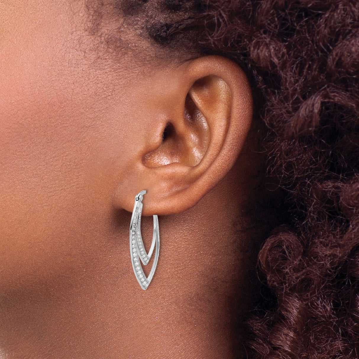 Sterling Silver Marquise Hoop Earrings with Cubic Zirconia, Double Layered Open Design