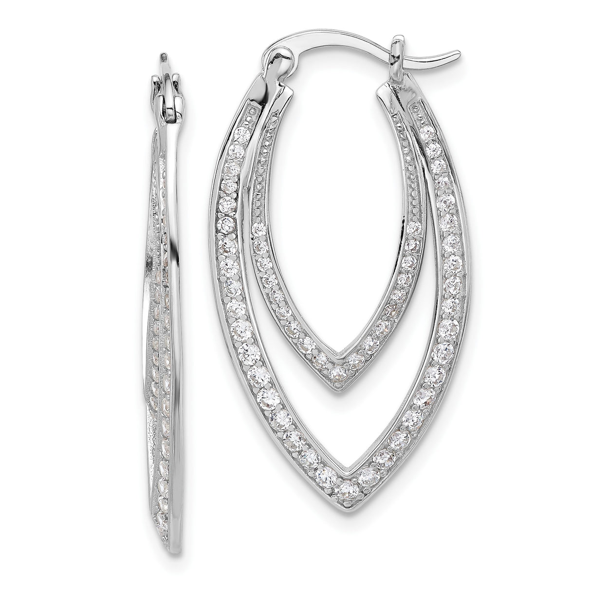 Sterling Silver Marquise Hoop Earrings with Cubic Zirconia, Double Layered Open Design