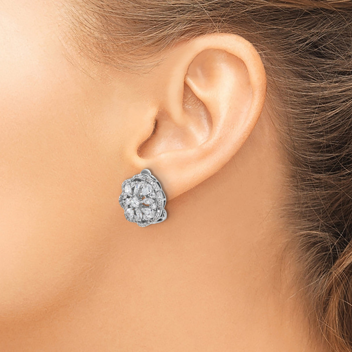 Sterling Silver Floral Cluster Stud Earrings with Cubic Zirconia for Women