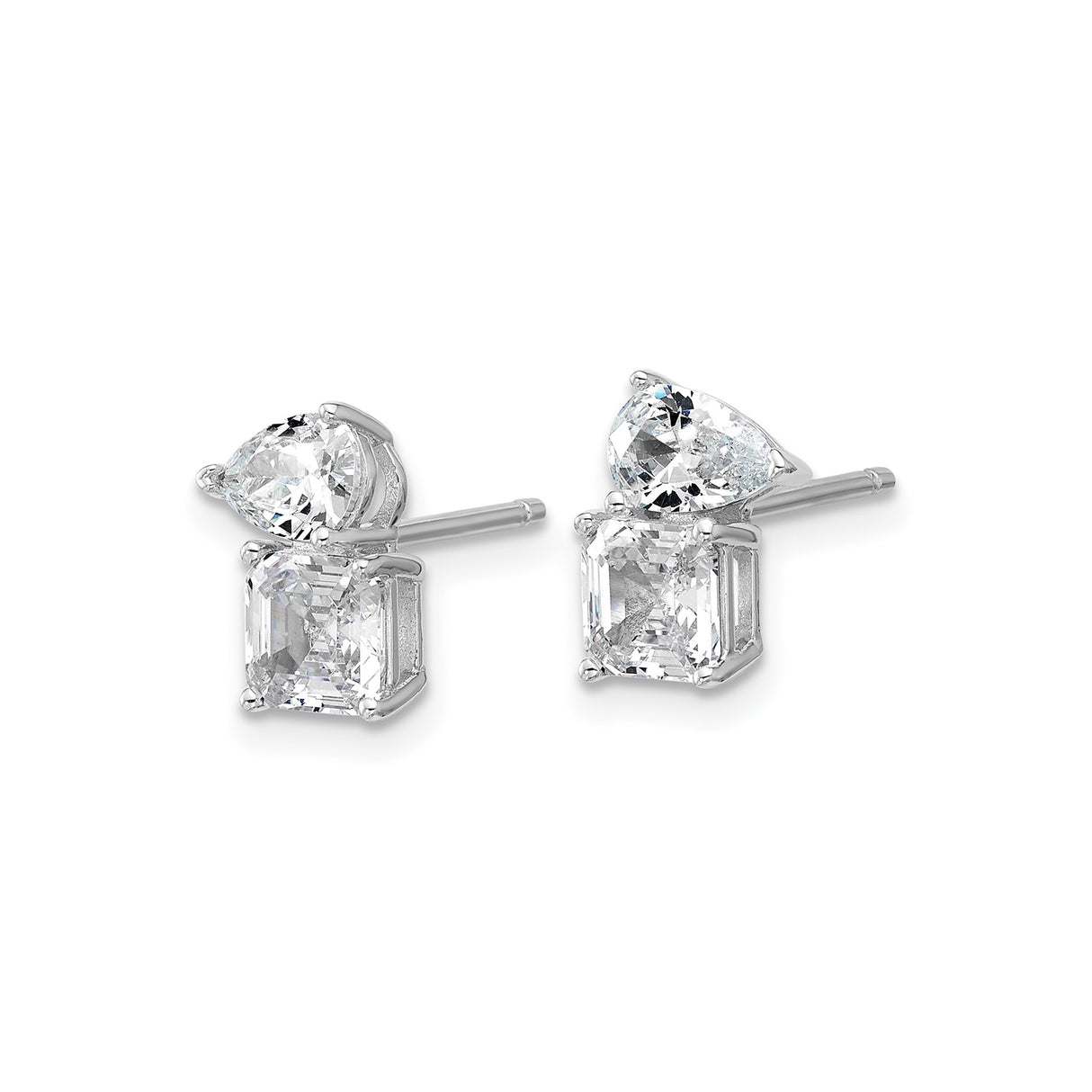 Sterling Silver Stud Earrings with Pear and Square Cubic Zirconia, Dual Stone Design