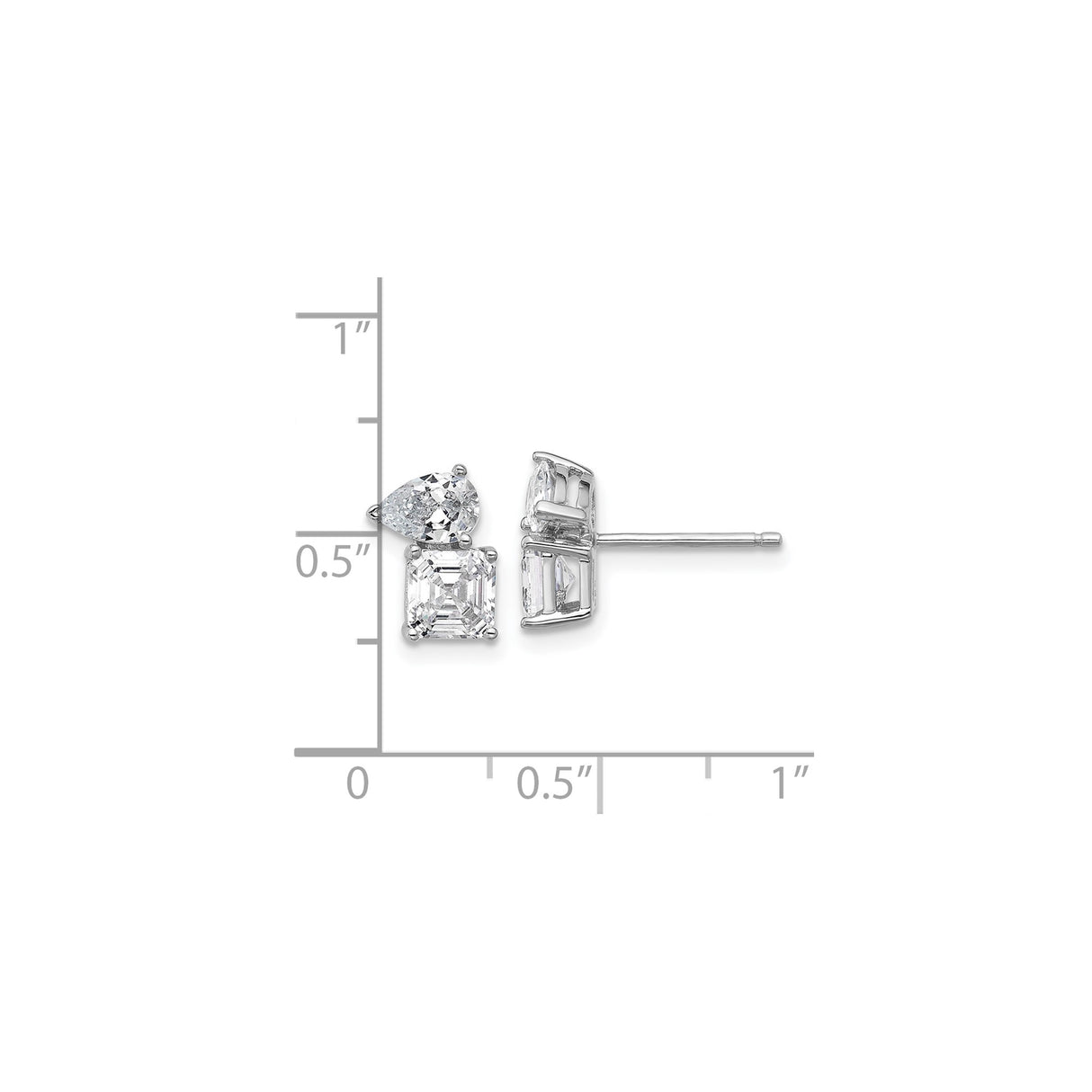 Sterling Silver Stud Earrings with Pear and Square Cubic Zirconia, Dual Stone Design
