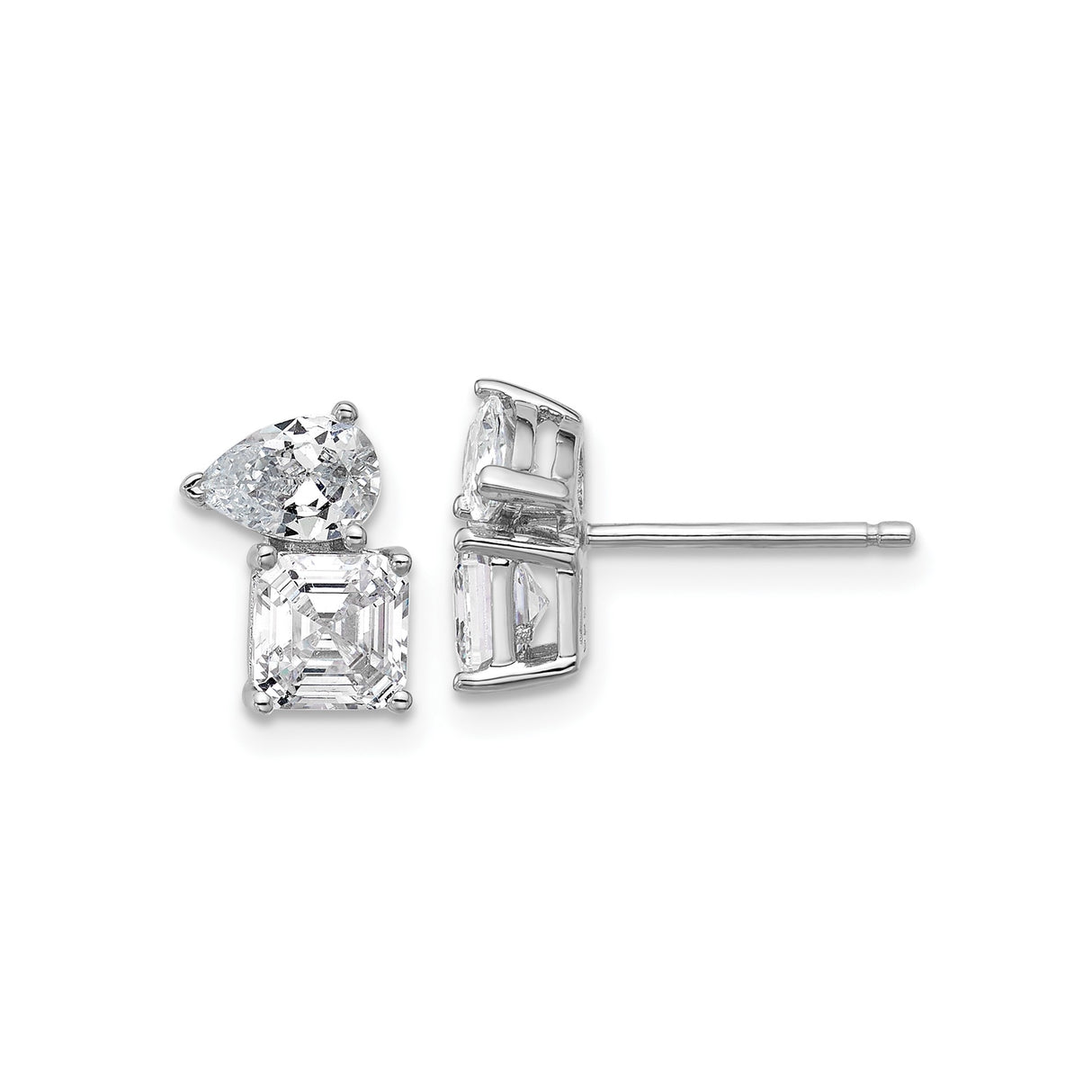 Sterling Silver Stud Earrings with Pear and Square Cubic Zirconia, Dual Stone Design