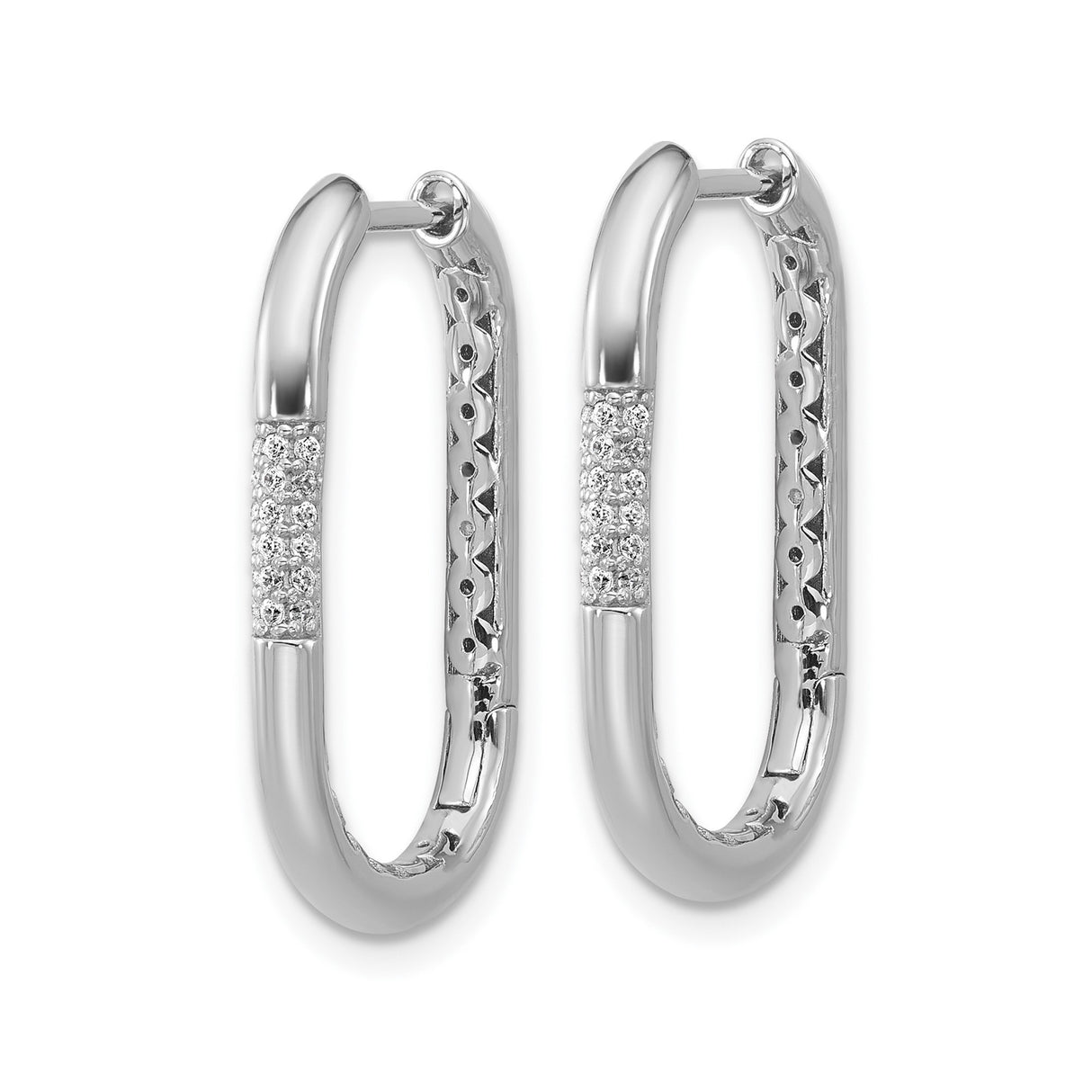 Sterling Silver Rectangle Hoop Earrings with Cubic Zirconia Pavé, Modern Polished Design