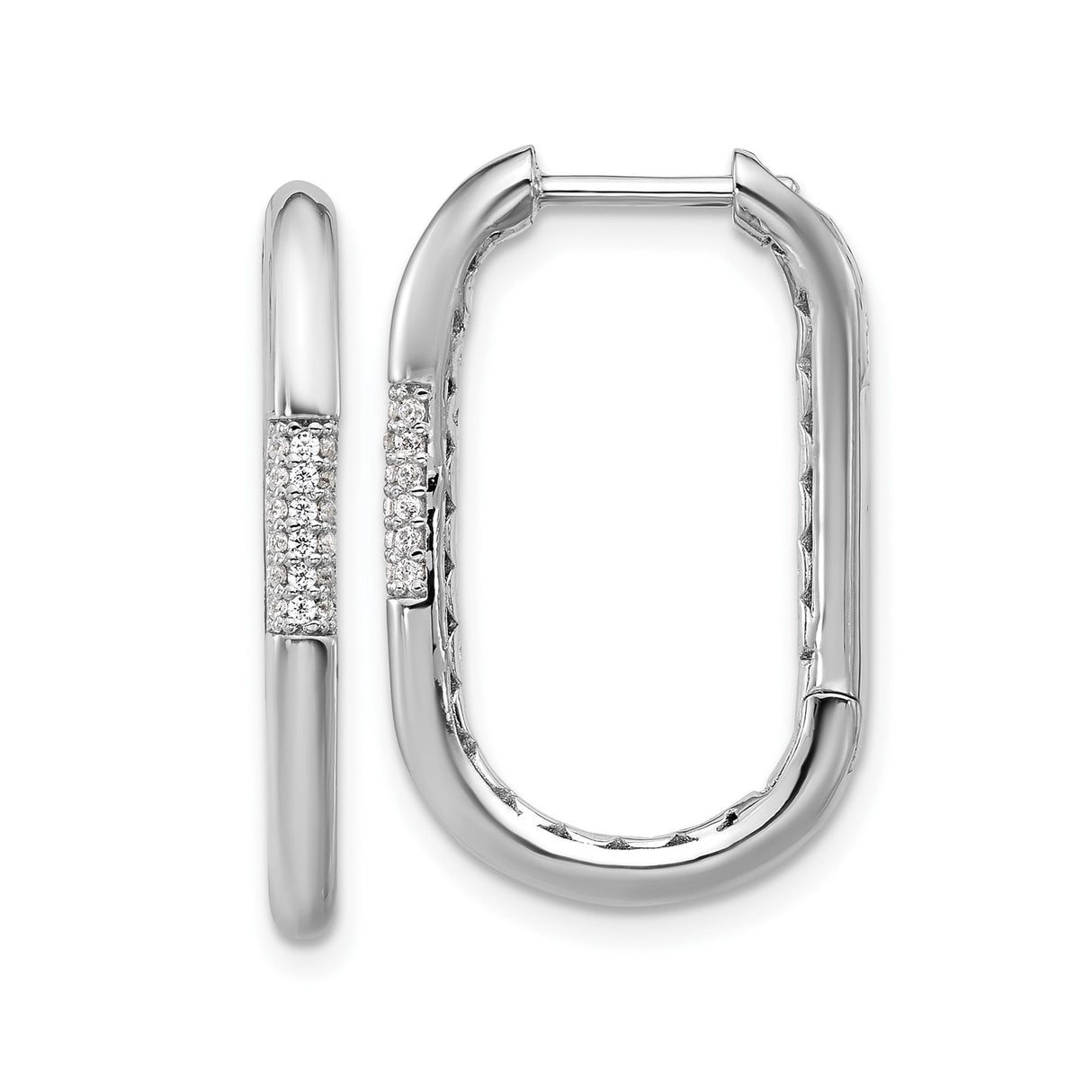Sterling Silver Rectangle Hoop Earrings with Cubic Zirconia Pavé, Modern Polished Design