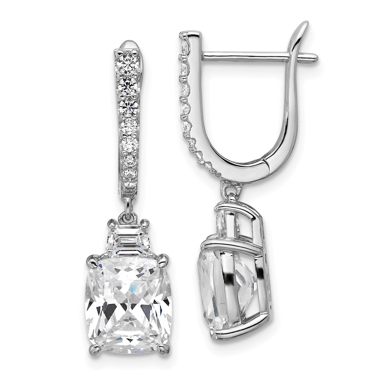 Sterling Silver Drop Earrings with Cushion Cut Cubic Zirconia and Pave Accents