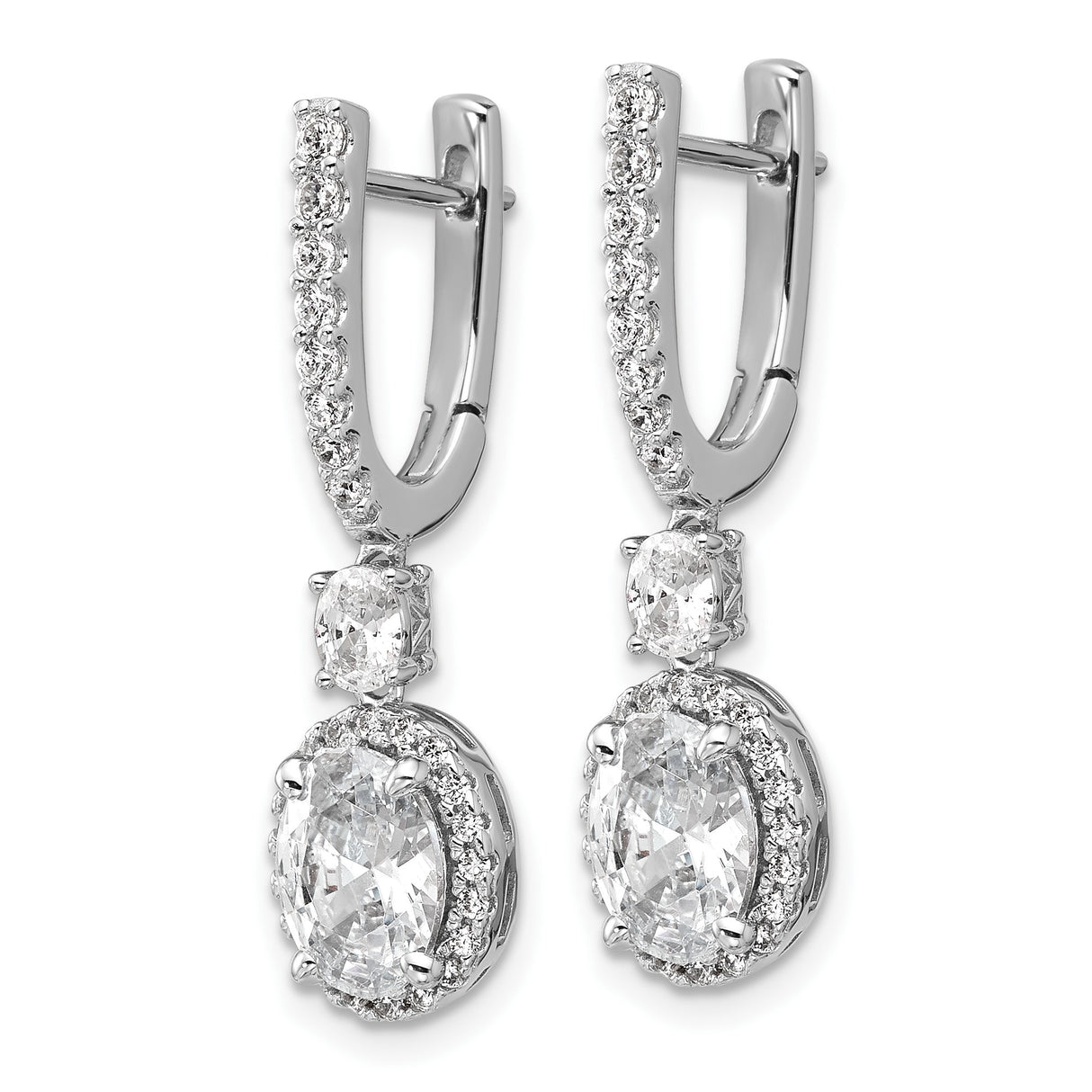 Sterling Silver Drop Earrings with Oval Cut Cubic Zirconia and Halo Pavé Design