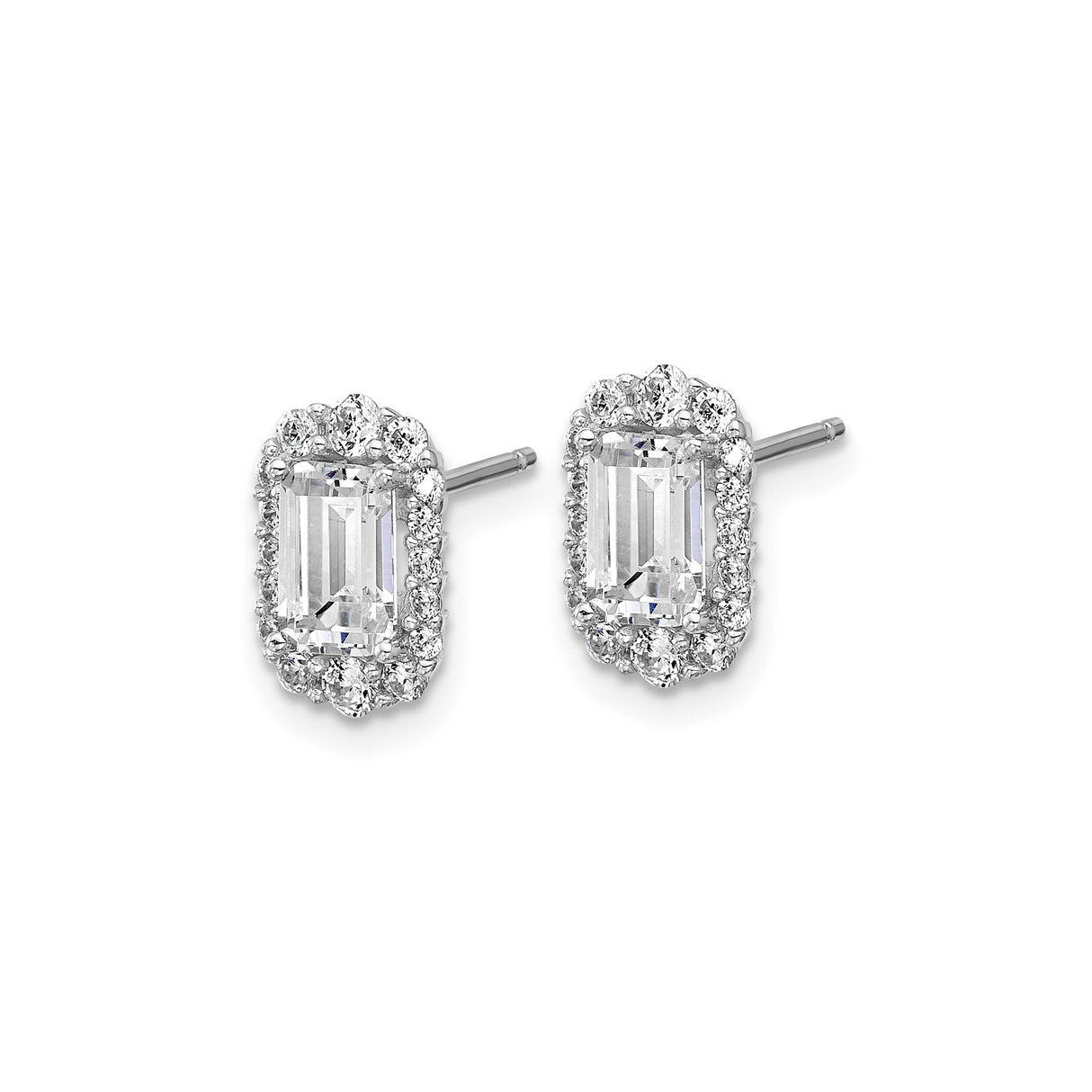 Sterling Silver Stud Earrings with Emerald-Cut Cubic Zirconia and Halo Setting for Women