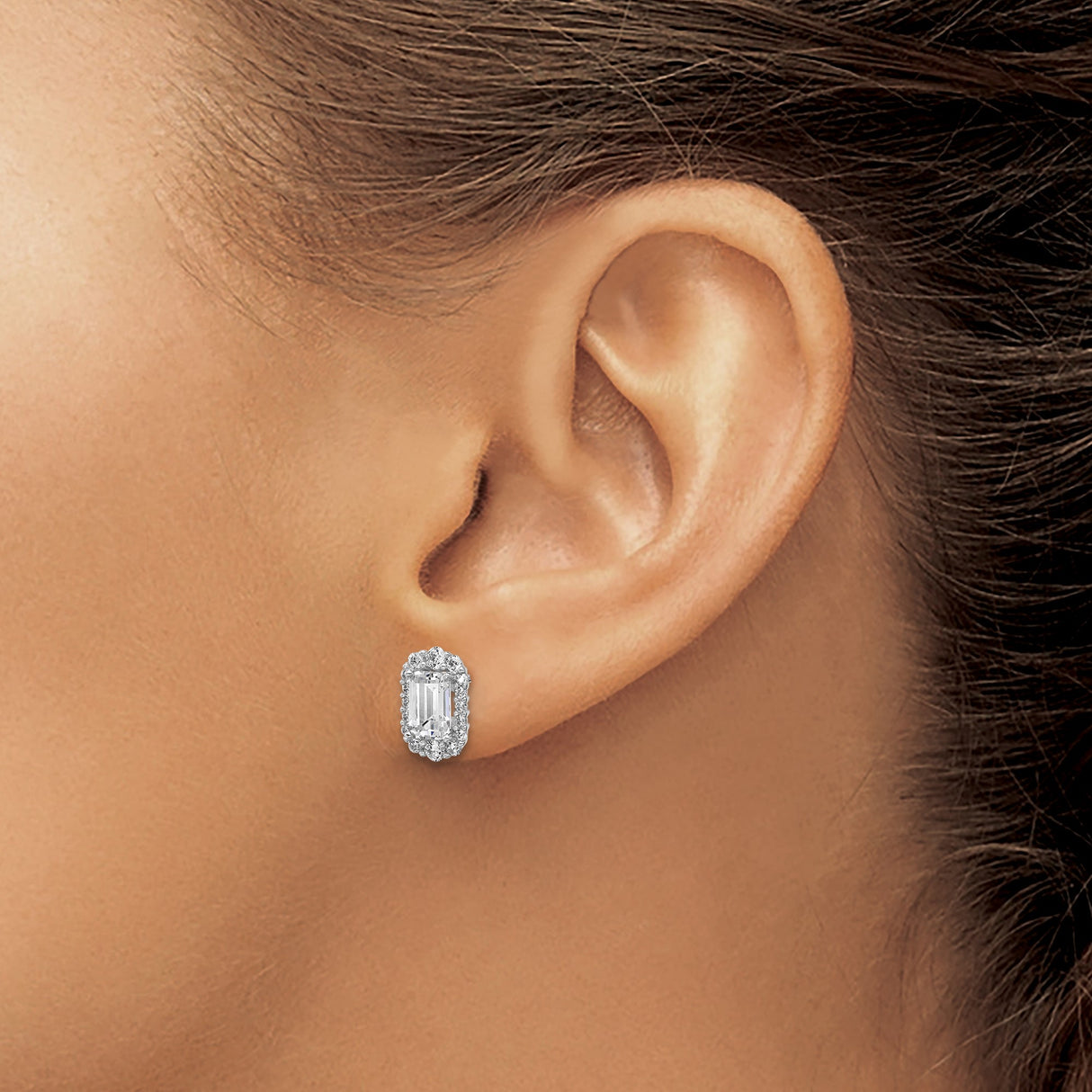 Sterling Silver Stud Earrings with Emerald-Cut Cubic Zirconia and Halo Setting for Women