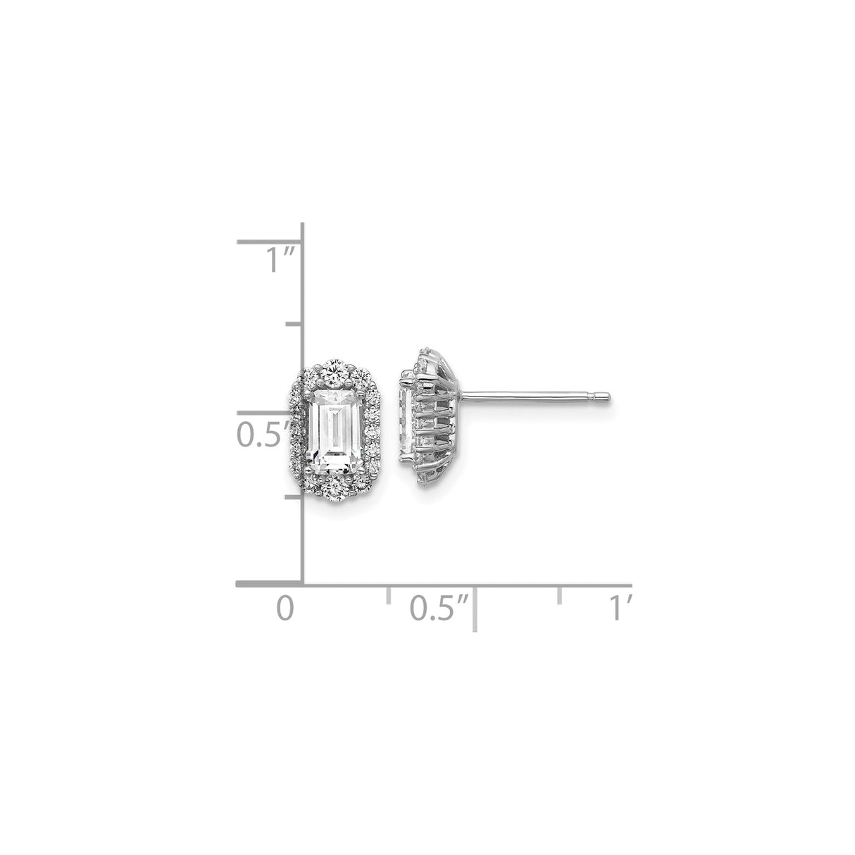 Sterling Silver Stud Earrings with Emerald-Cut Cubic Zirconia and Halo Setting for Women