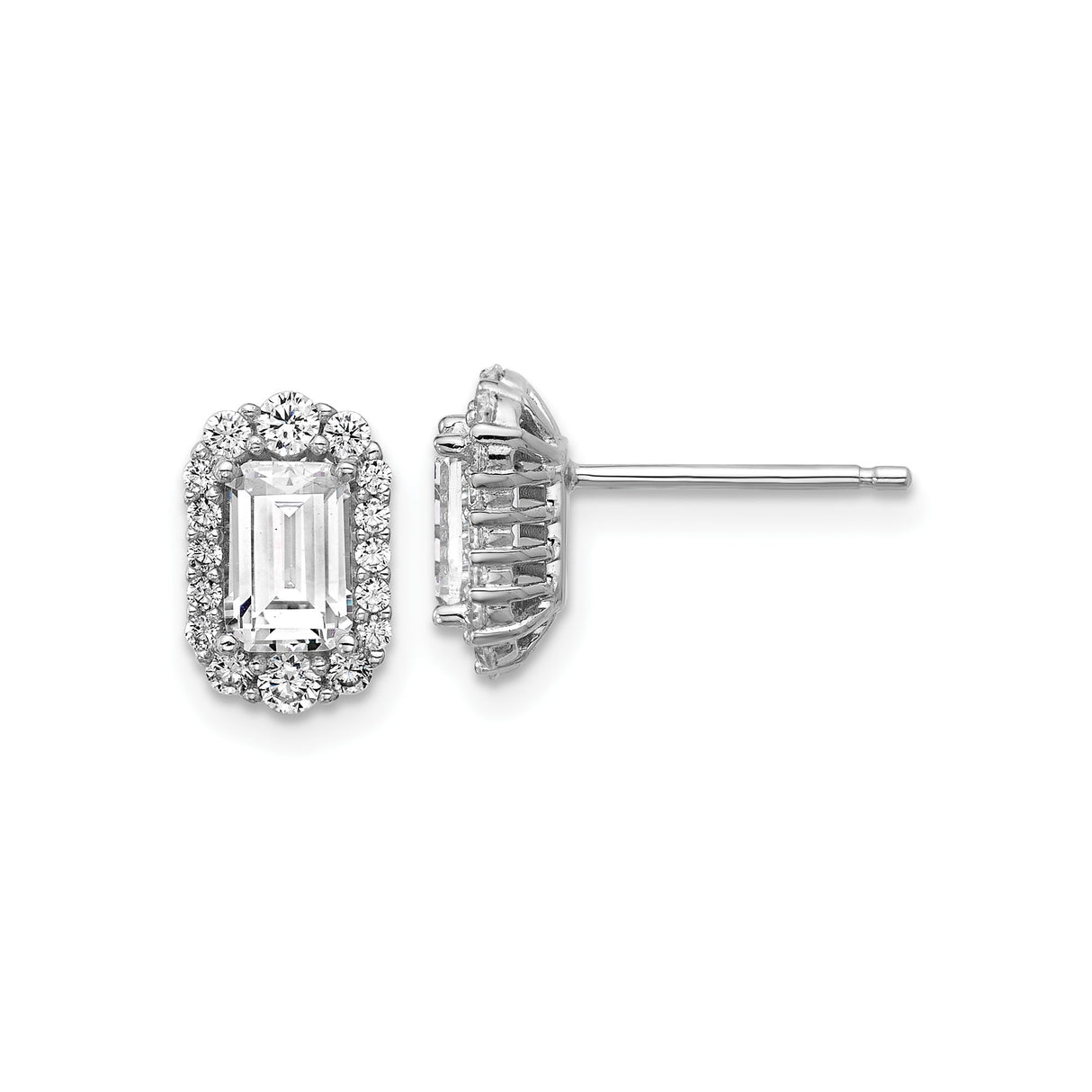 Sterling Silver Stud Earrings with Emerald-Cut Cubic Zirconia and Halo Setting for Women