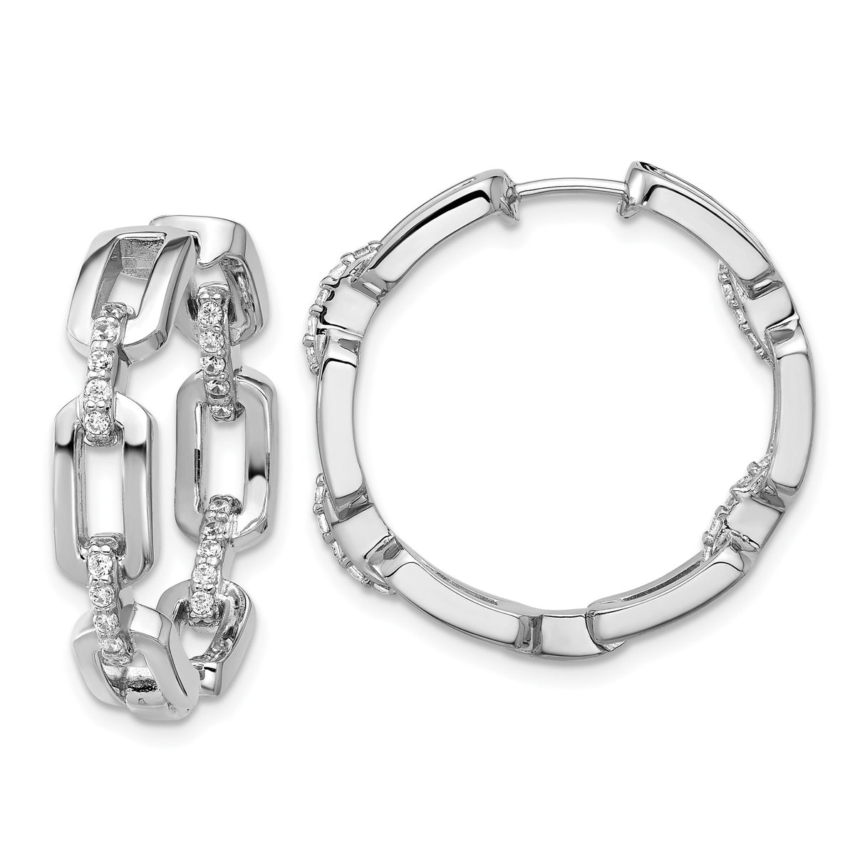 Sterling Silver Hoop Earrings with Cubic Zirconia, Geometric Link Chain Style for Women