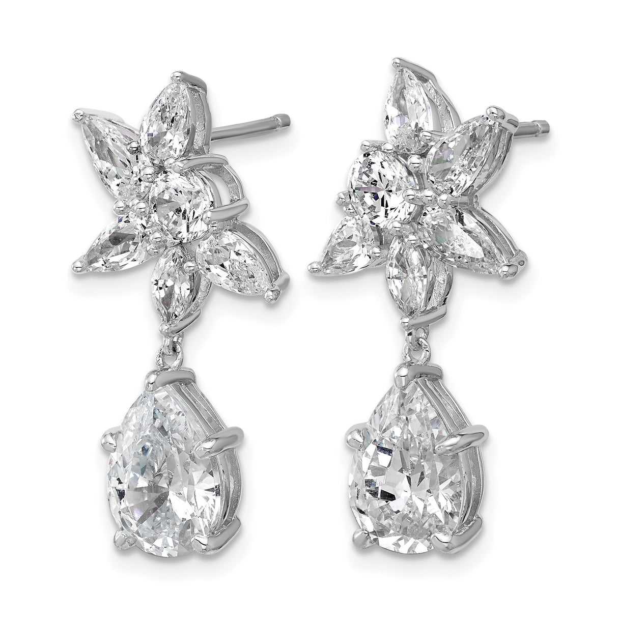 Sterling Silver Dangle Earrings with Cubic Zirconia, Marquise and Round Floral Cluster Design