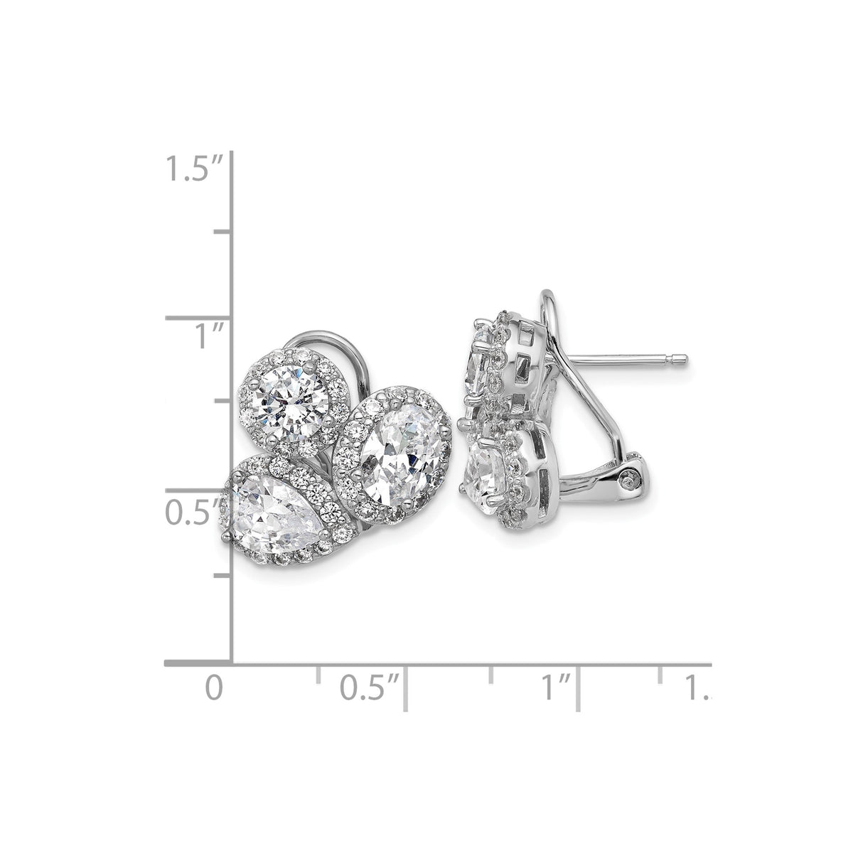 Sterling Silver Halo Stud Earrings with Cubic Zirconia Cluster, Rhodium Plated Omega Backs