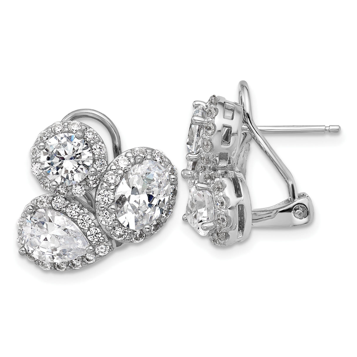 Sterling Silver Halo Stud Earrings with Cubic Zirconia Cluster, Rhodium Plated Omega Backs