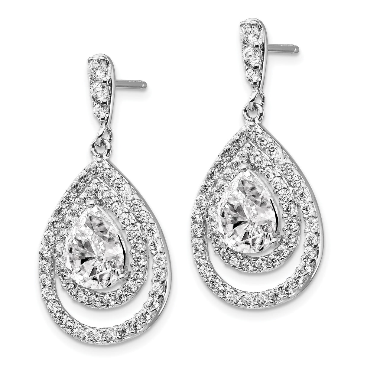 Sterling Silver Teardrop Dangle Earrings with Pear-Shaped Cubic Zirconia and Double Halo Pavé Accents