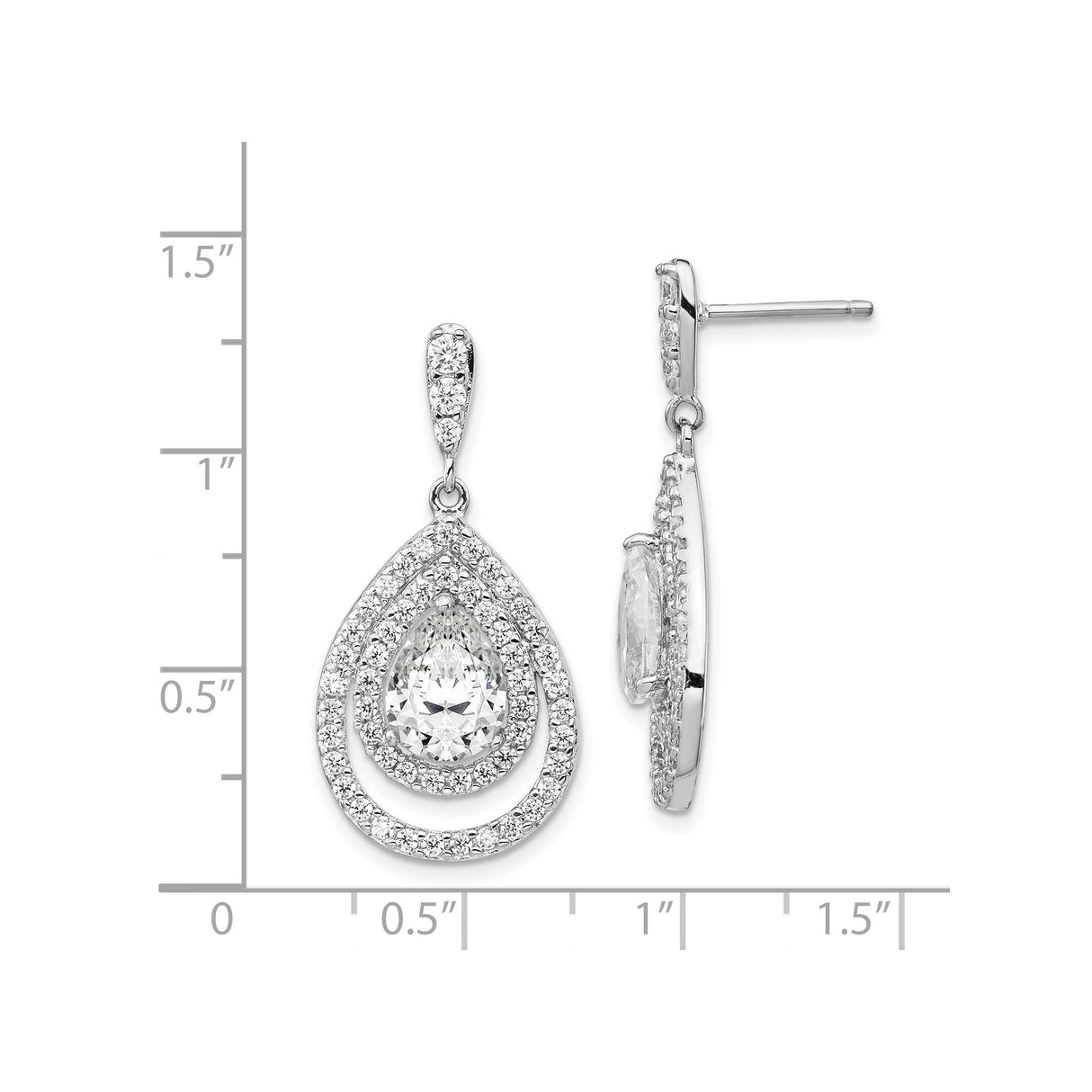 Sterling Silver Teardrop Dangle Earrings with Pear-Shaped Cubic Zirconia and Double Halo Pavé Accents