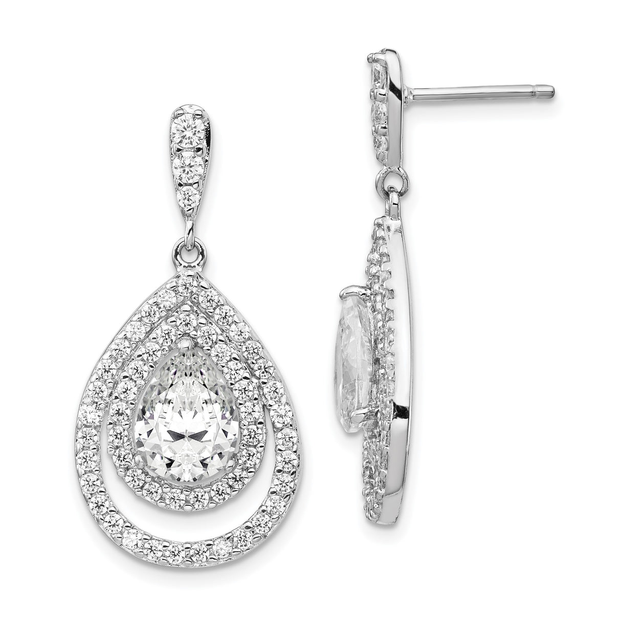 Sterling Silver Teardrop Dangle Earrings with Pear-Shaped Cubic Zirconia and Double Halo Pavé Accents