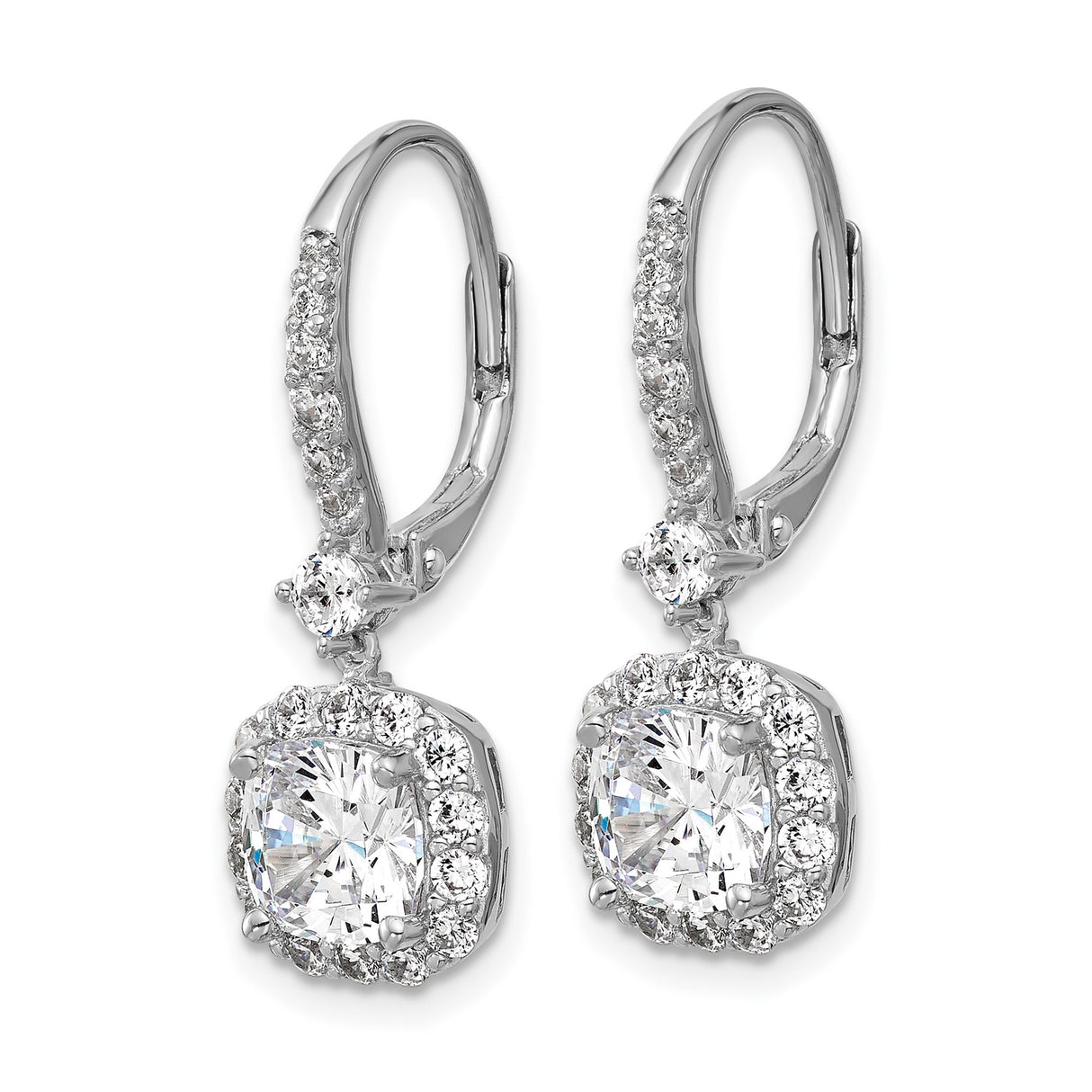 Sterling Silver Drop Earrings with Cushion Cut Cubic Zirconia and Halo Pavé Leverback Design