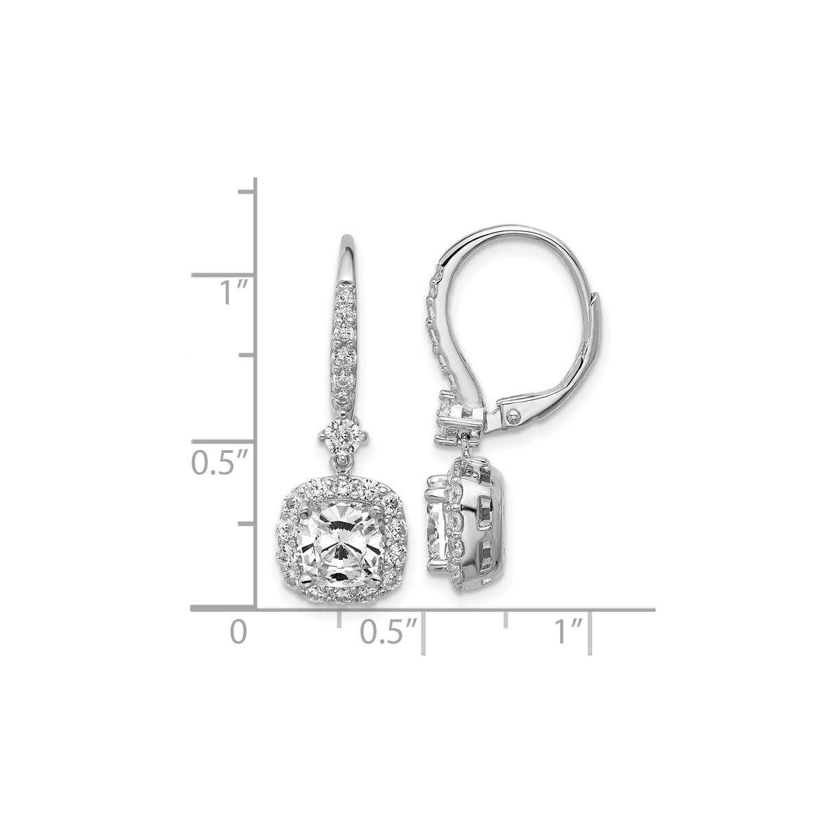 Sterling Silver Drop Earrings with Cushion Cut Cubic Zirconia and Halo Pavé Leverback Design