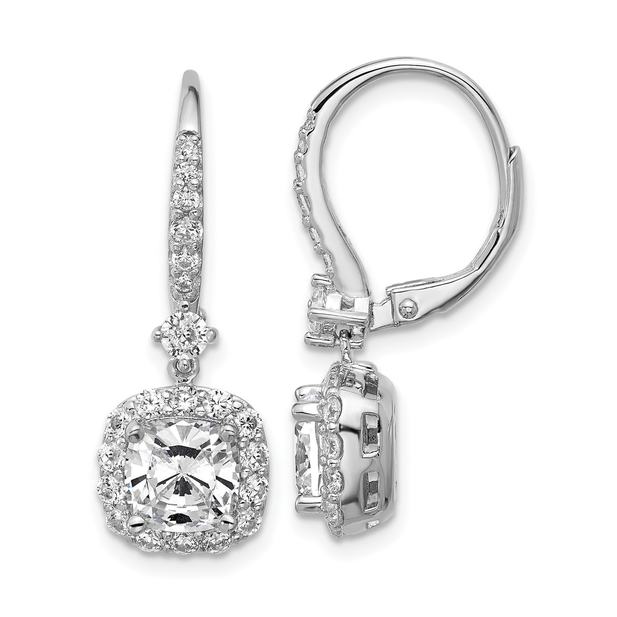 Sterling Silver Drop Earrings with Cushion Cut Cubic Zirconia and Halo Pavé Leverback Design