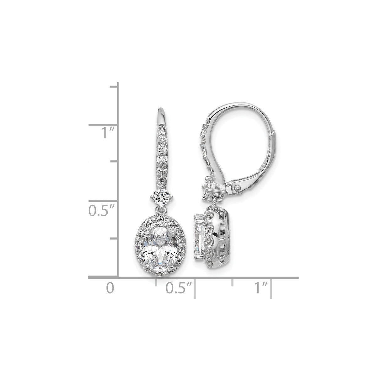 Sterling Silver Drop Earrings with Oval Cut Cubic Zirconia and Halo Leverback Design